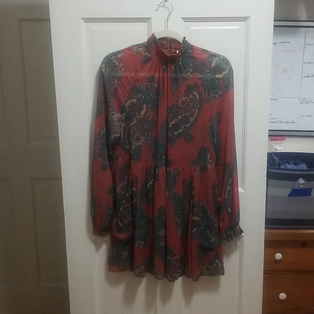 Free People Moonstruck XS Dress Paisley Baby Doll Dress Long Sleeve & Pockets